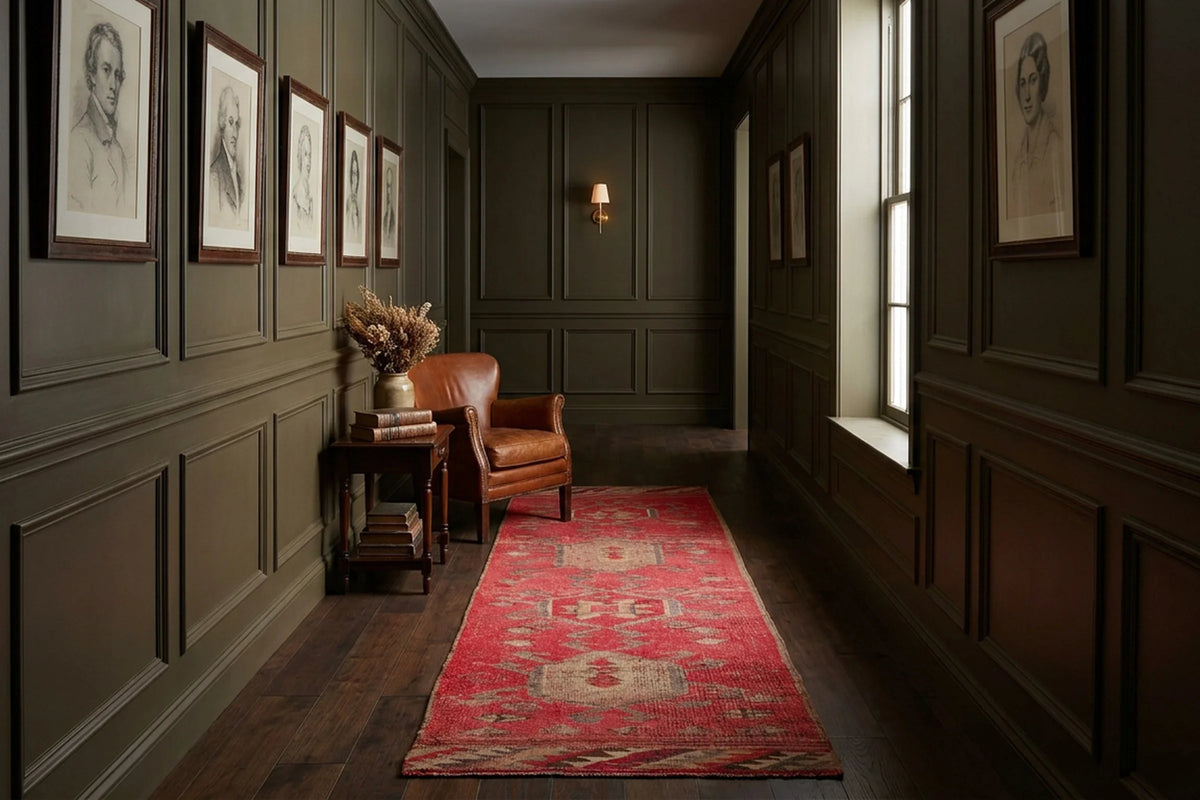 Red Persian runner rug in a corridor