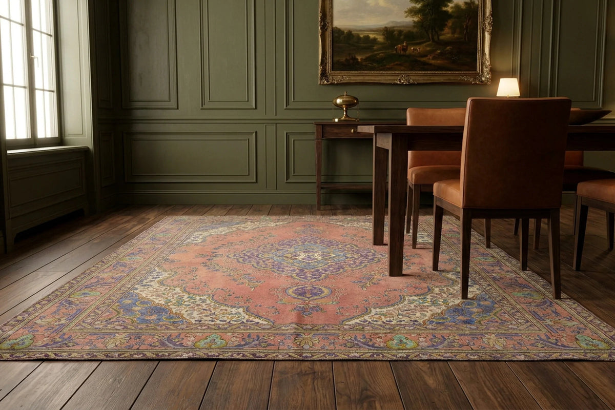 Pink Persian rug in a dining room