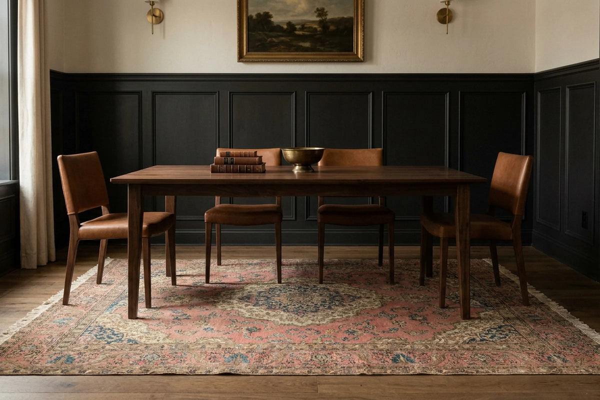 Pink Persian rug in a dining room