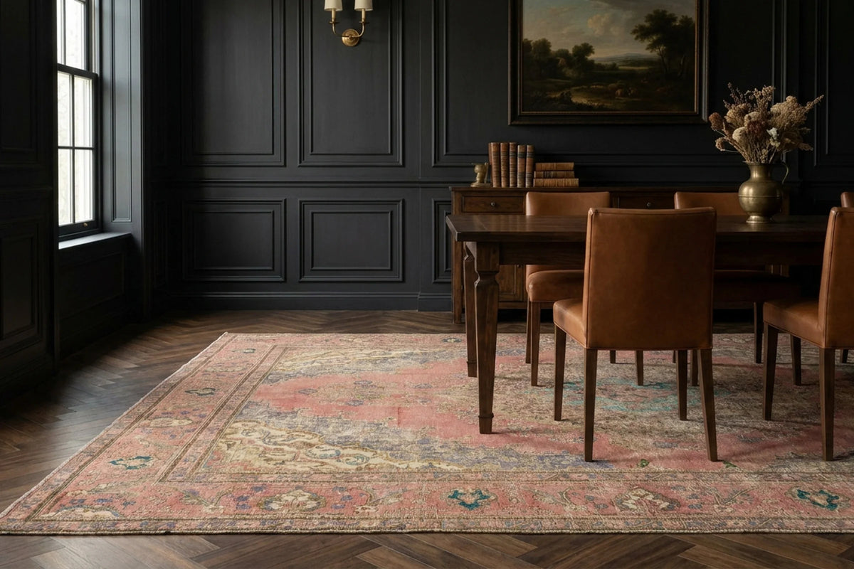 Pink Persian rug in a dining room