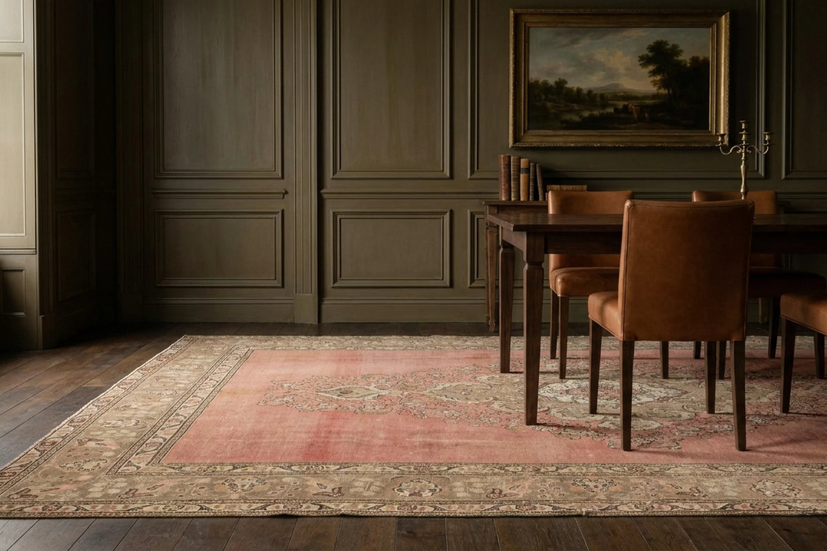 Pink Persian rug in a dining room