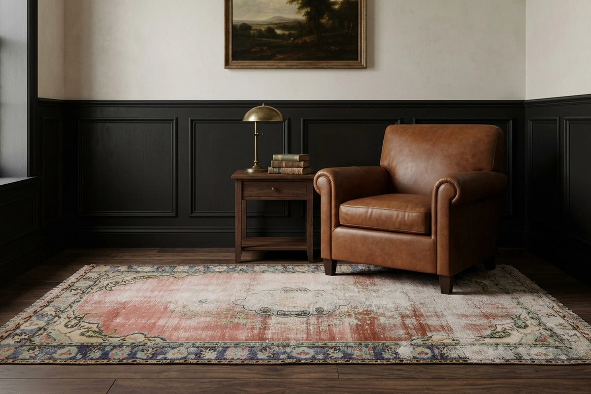 Pink Turkish rug in a den