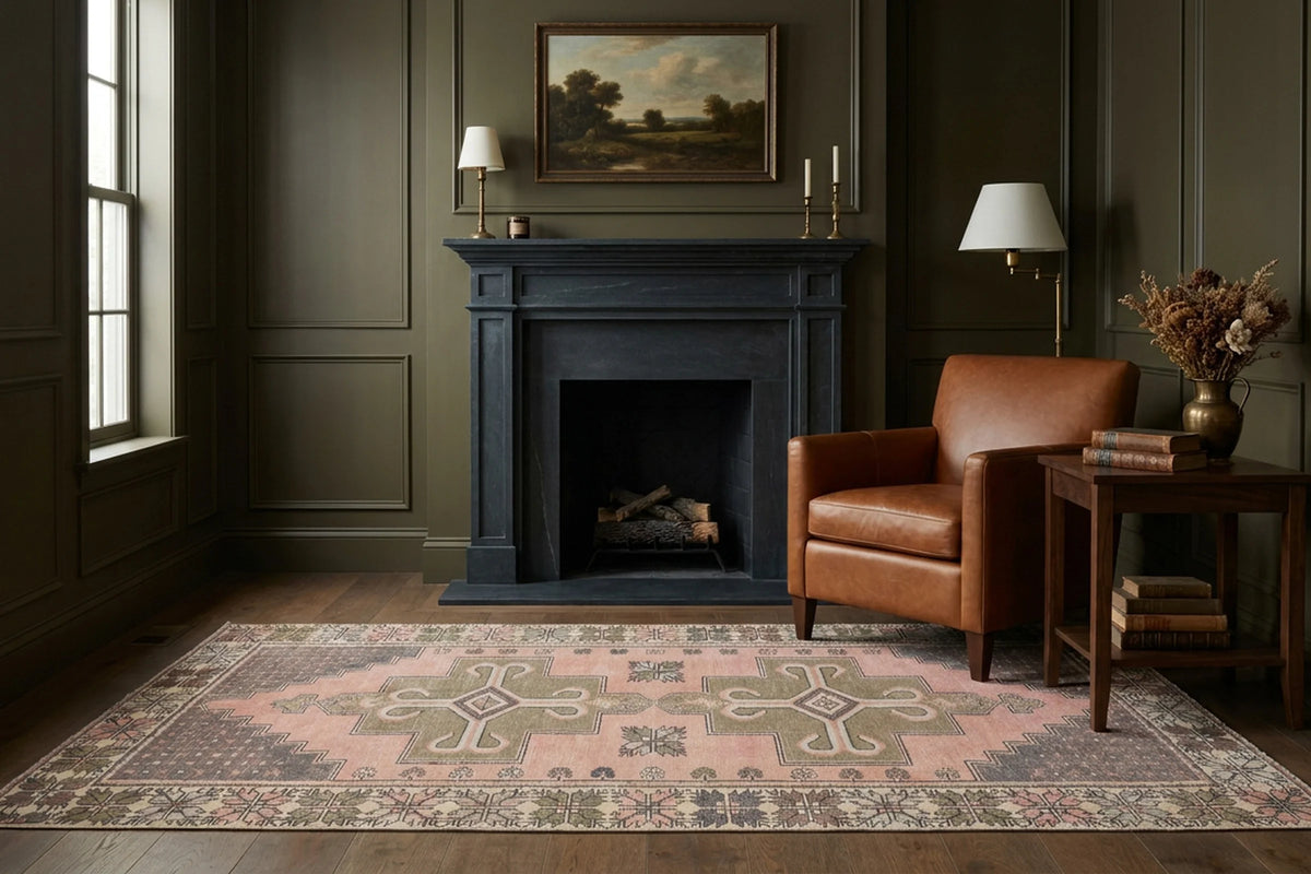 Pink Turkish rug in a styled room