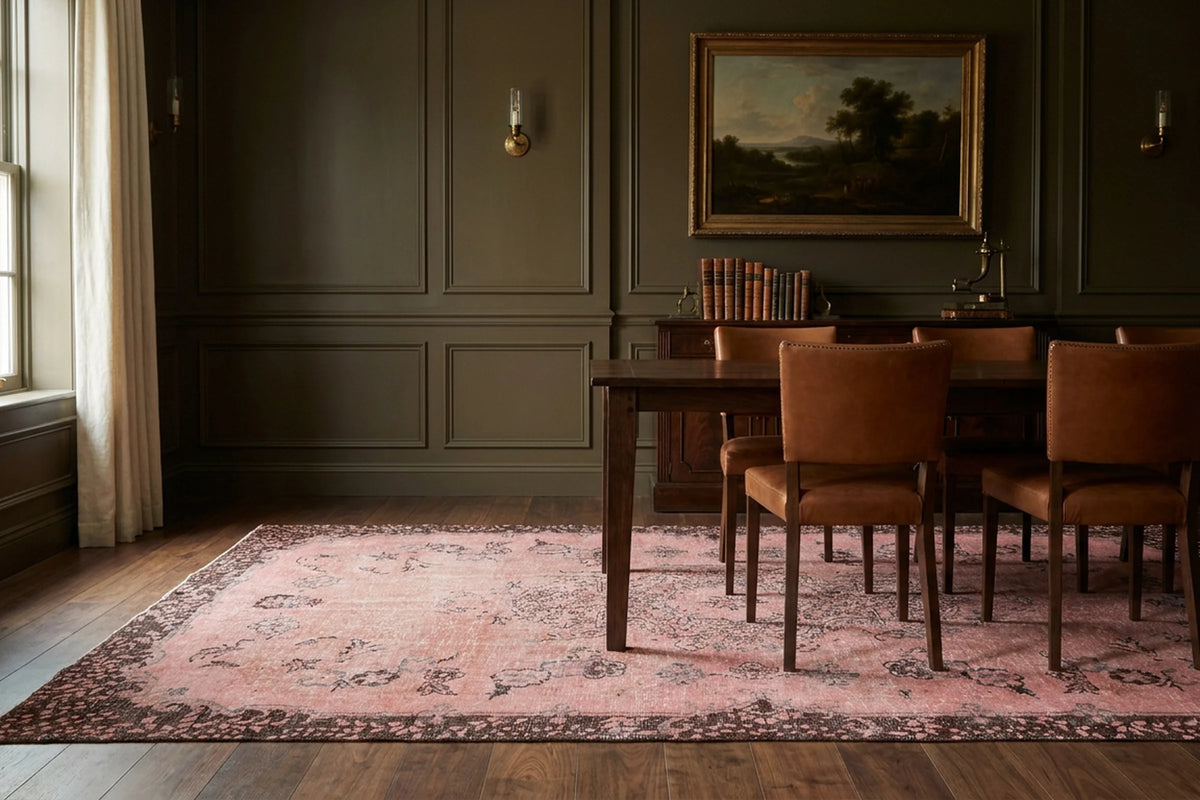 Pink Turkish rug in a dining room