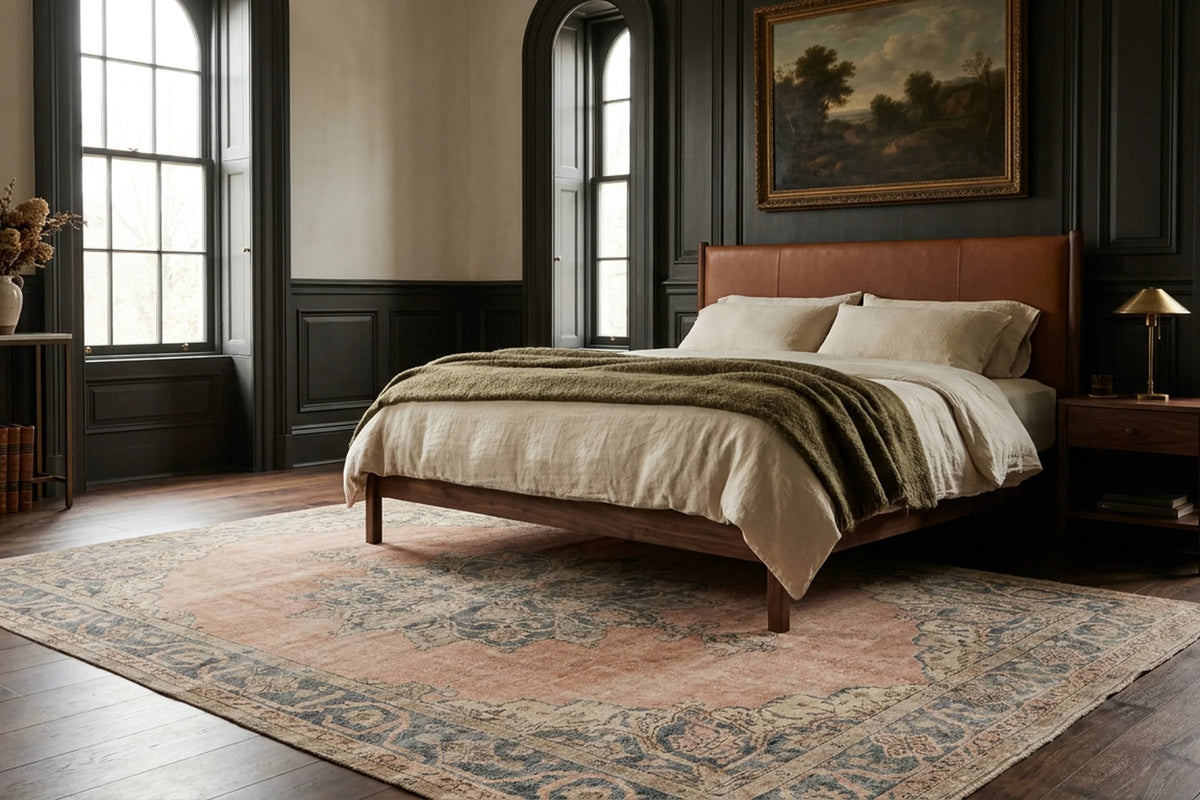 Pink Turkish rug in a bedroom