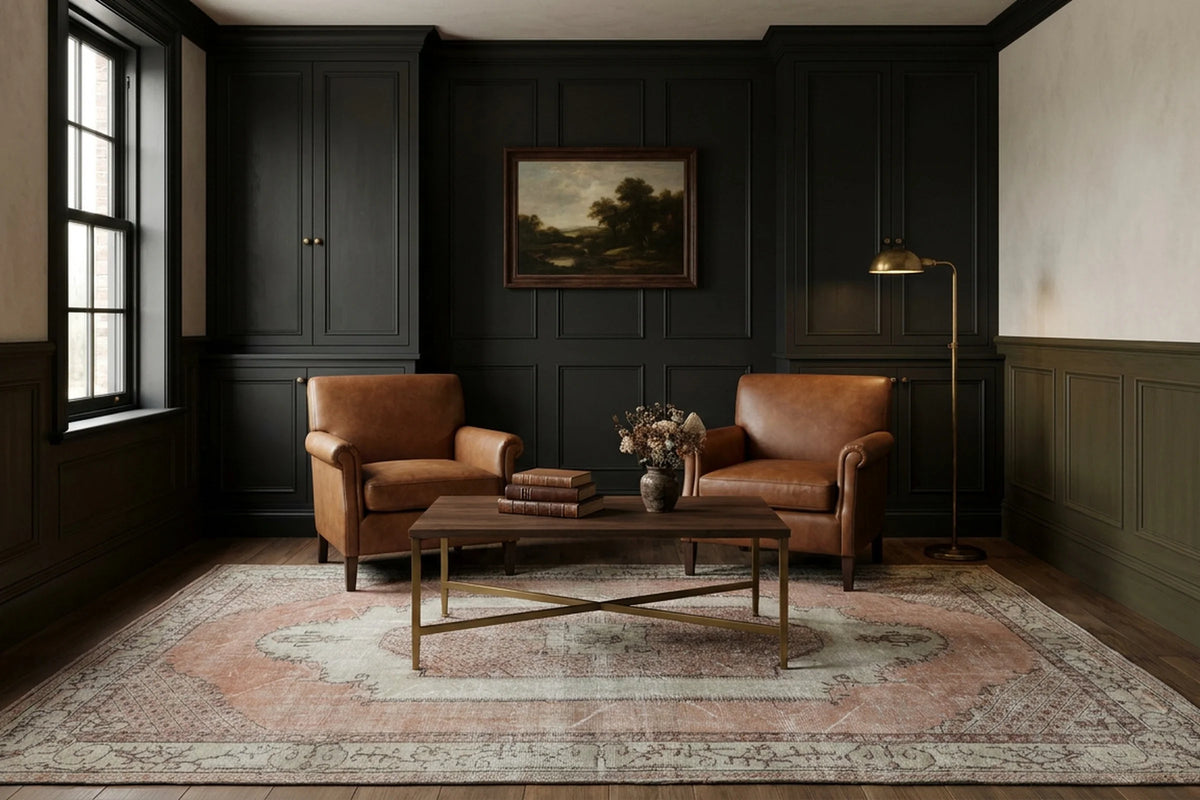 Pink Turkish rug in a styled room