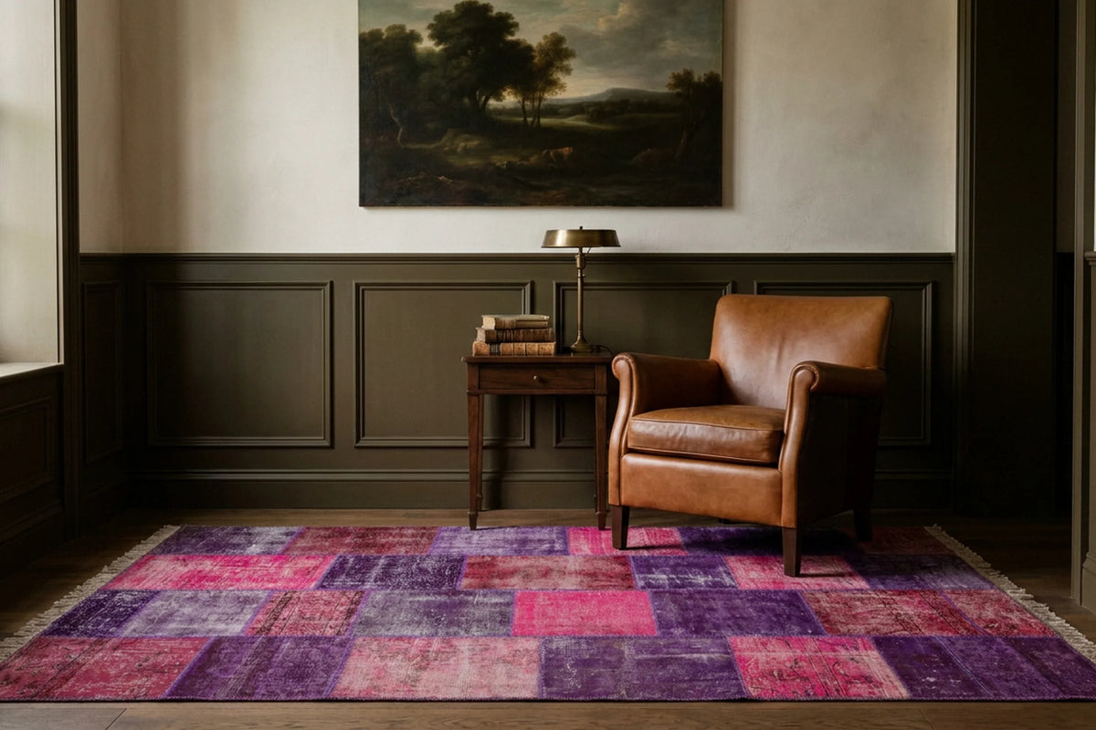 Pink Turkish rug in a den