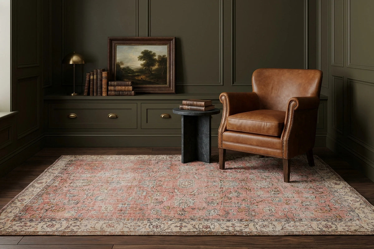 Pink Turkish rug in a styled room
