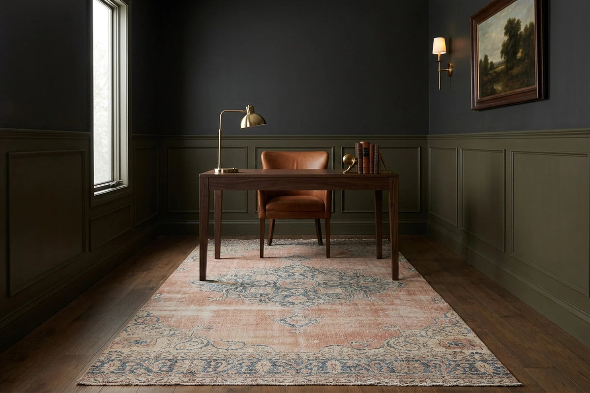 Pink Turkish rug in a home office