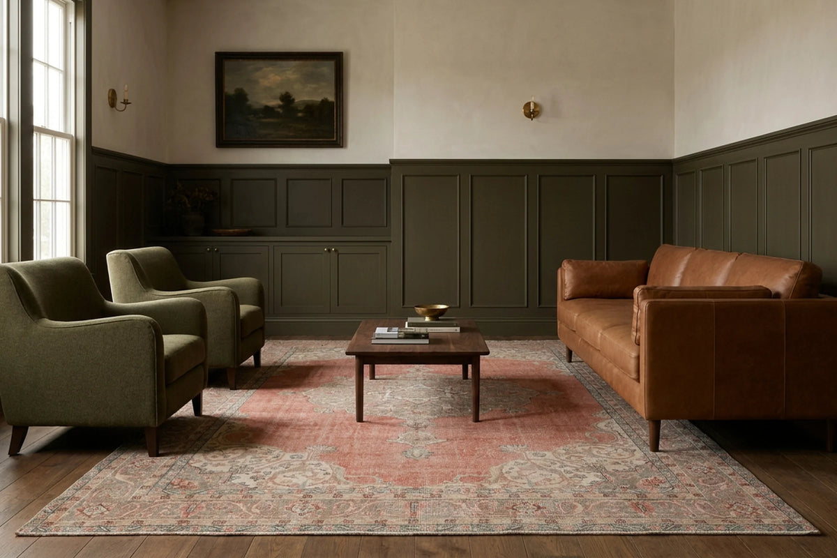 Pink Turkish rug in a styled room