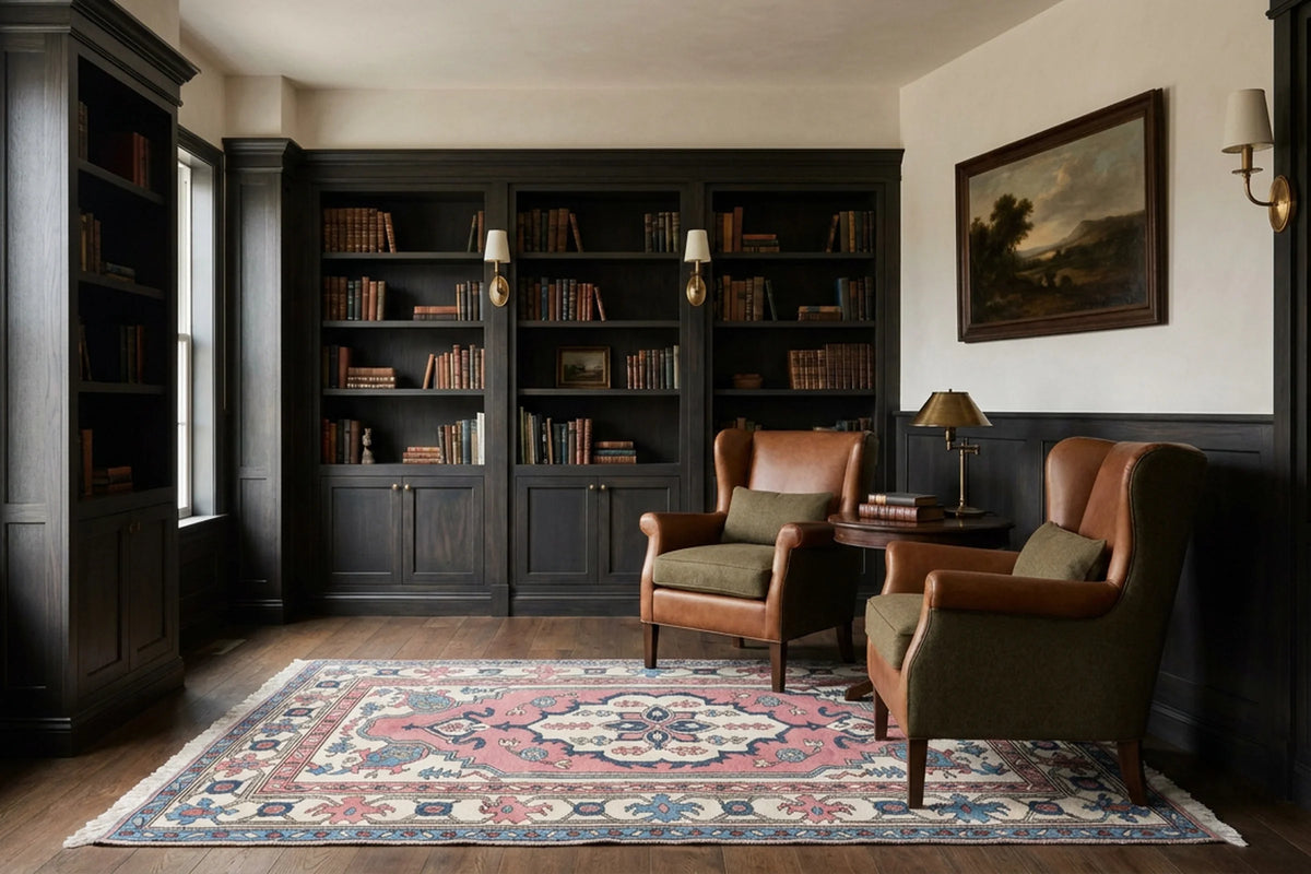 Pink Turkish rug in a library