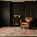 Pink Turkish rug in a reading nook