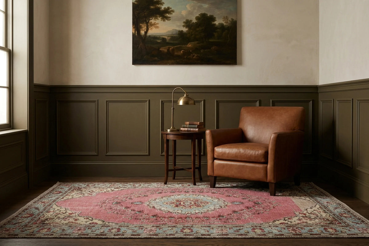 Pink Turkish rug in a styled room