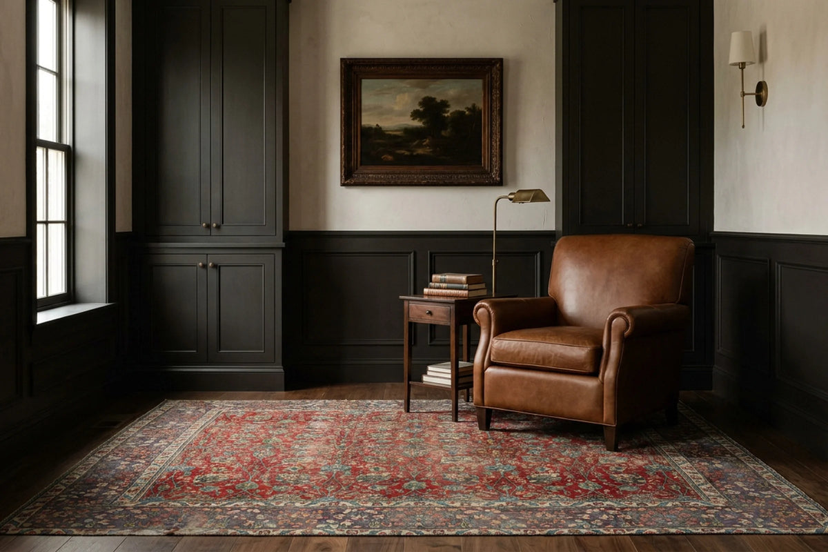 Red Persian rug in a styled room
