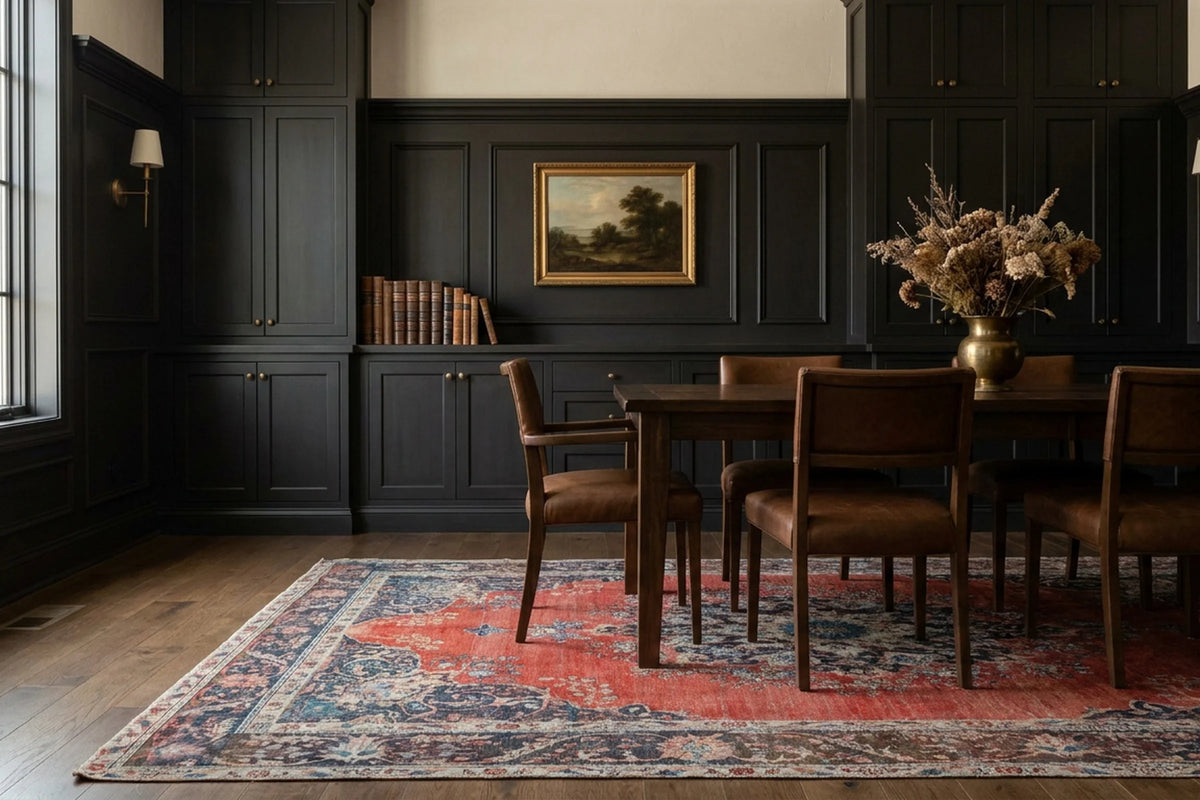 Red Persian rug in a dining room