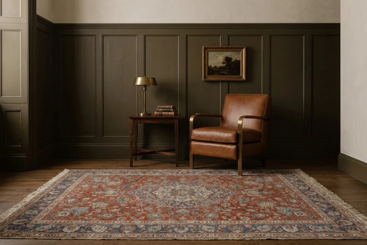 Red Persian rug in a styled room
