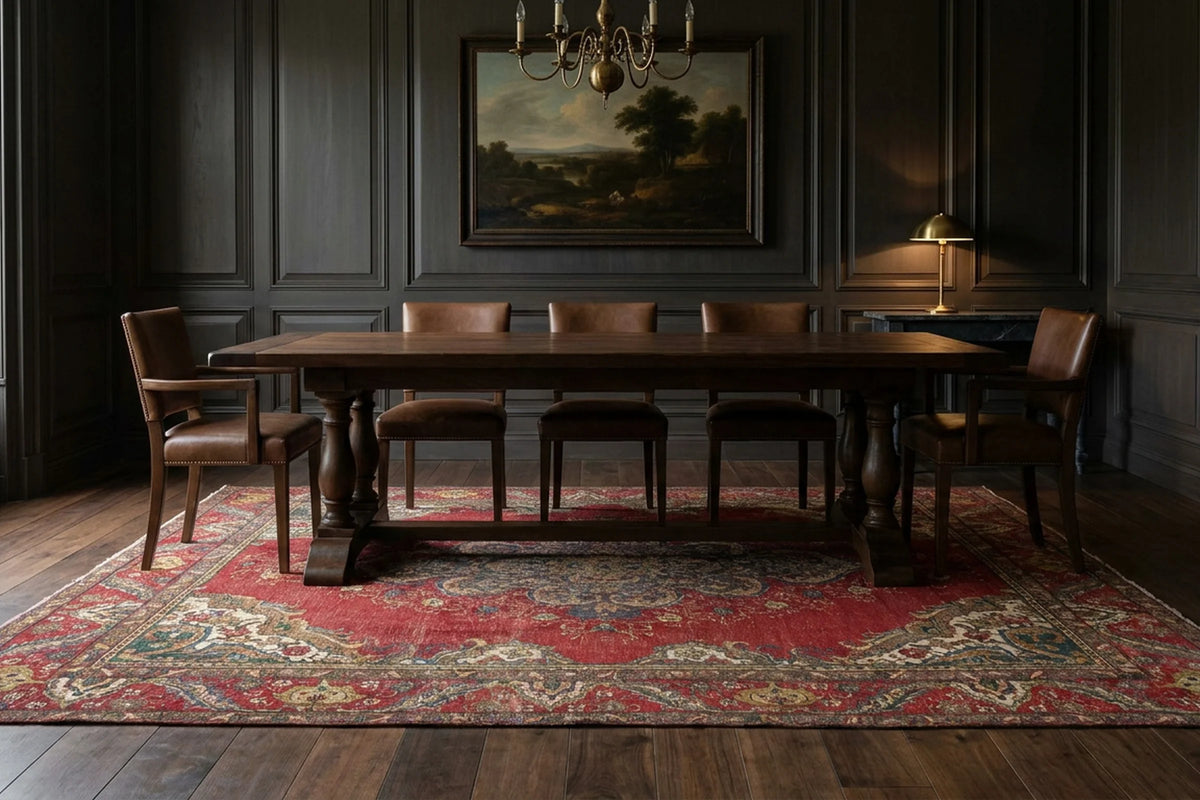 Red Persian rug in a dining room
