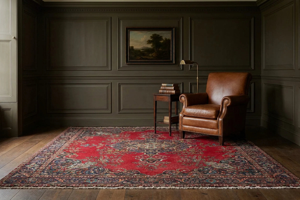 Red Persian rug in a styled room