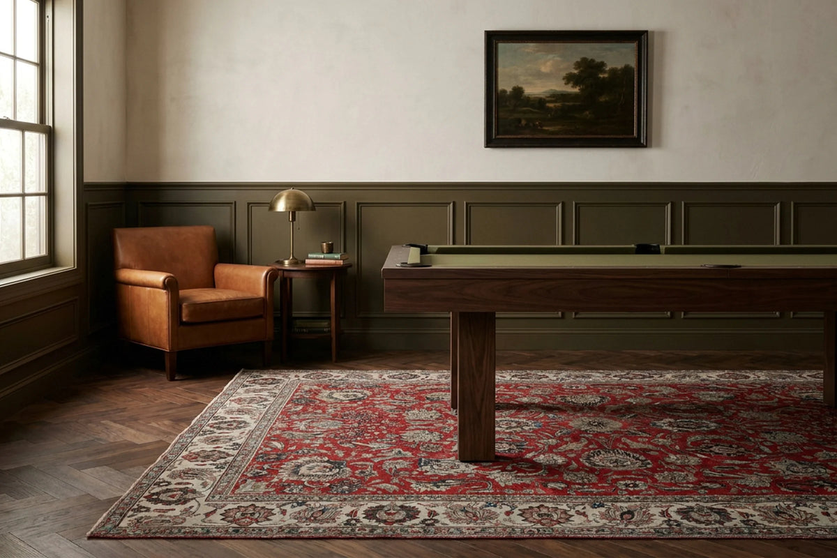 Red Persian rug in a styled room