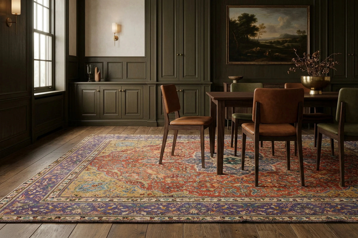 Red Persian rug in a dining room