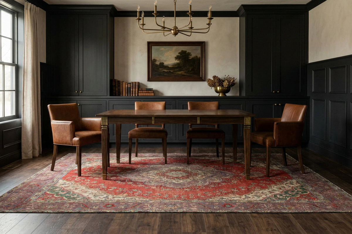 Red Persian rug in a dining room