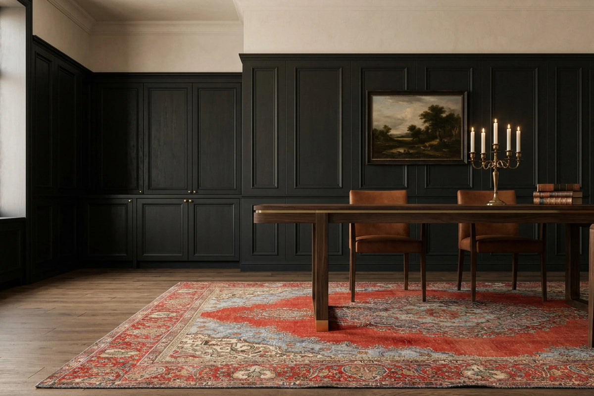 Red Persian rug in a dining room
