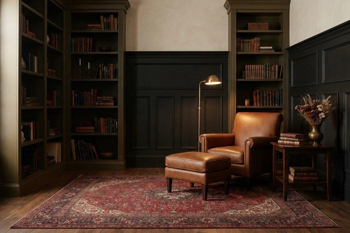 Red Persian rug in a library