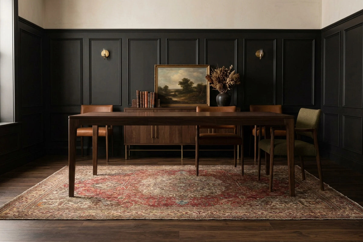 Red Persian rug in a dining room
