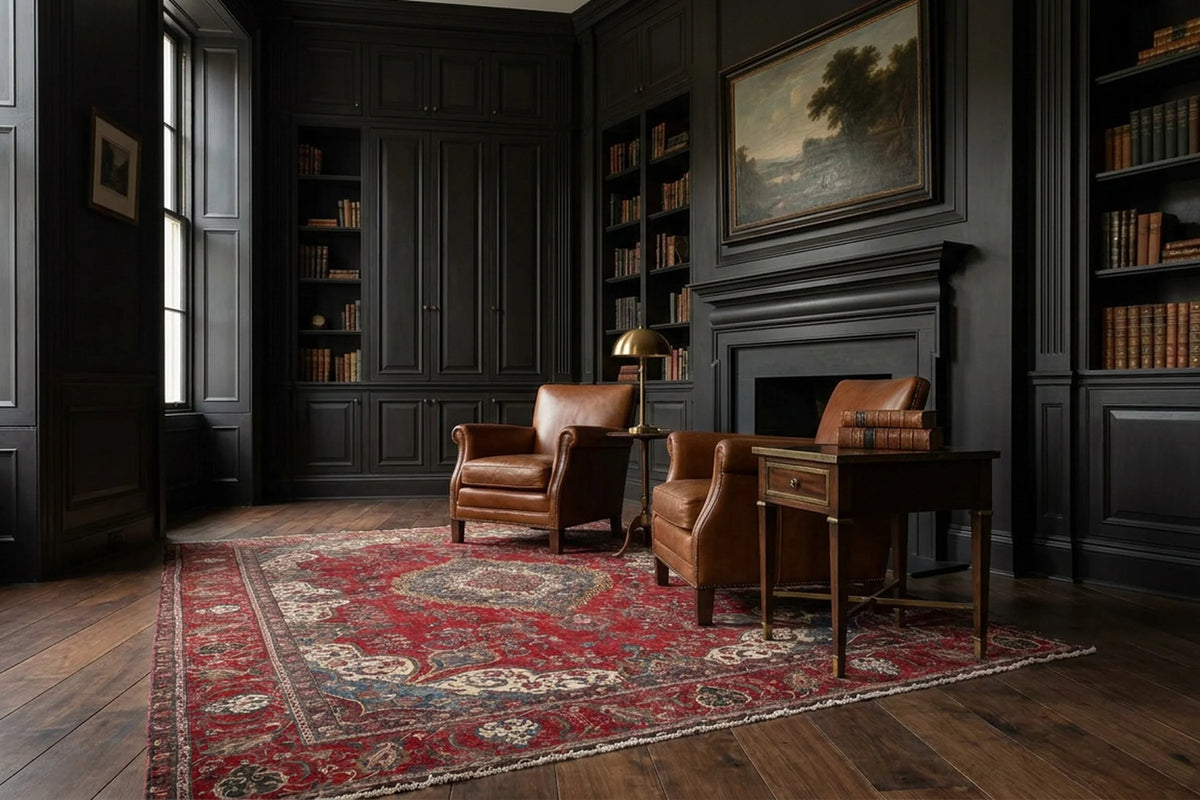 Red Persian rug in a library