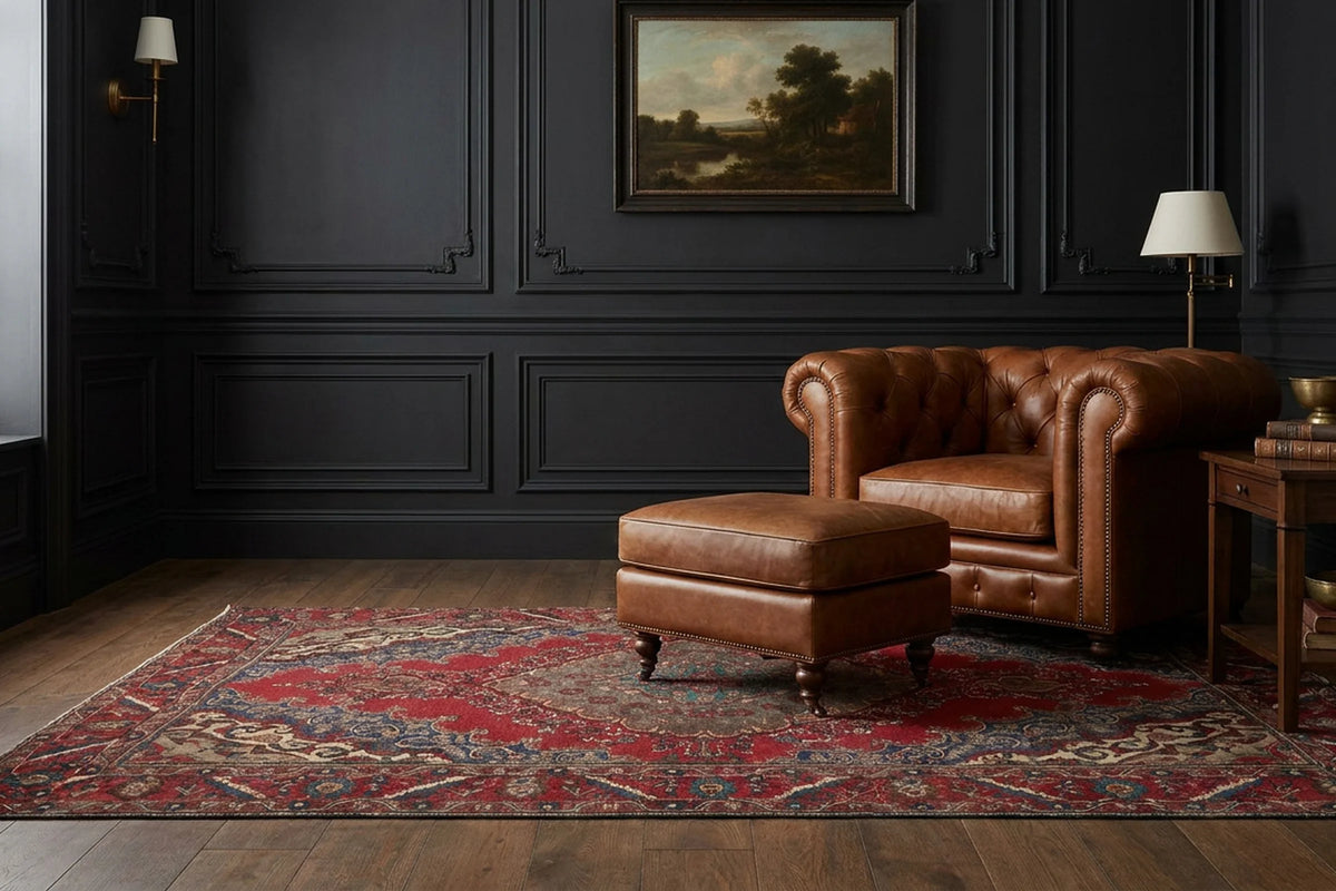 Red Persian rug in a styled room