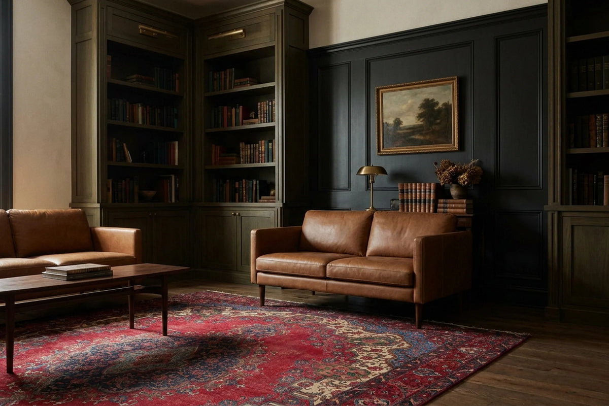 Red Persian rug in a library