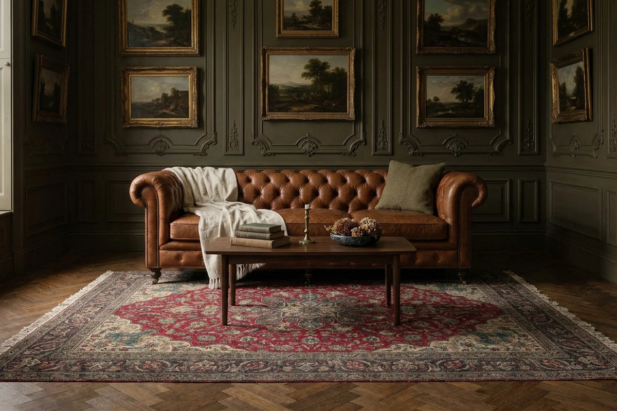 Red Persian rug in a styled room