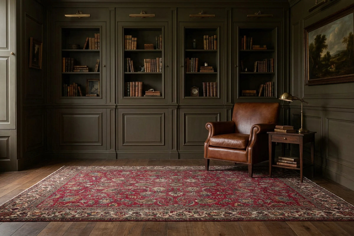 Red Persian rug in a styled room
