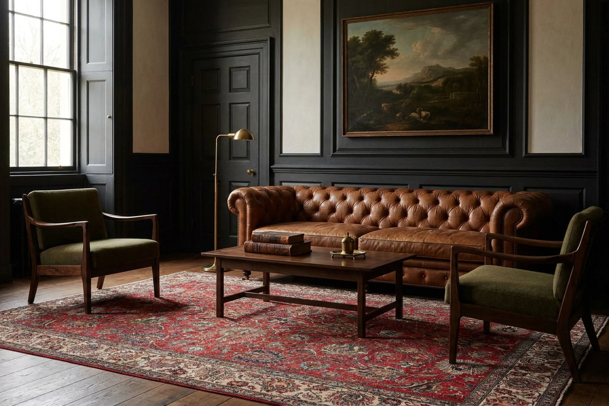 Red Persian rug in a styled room