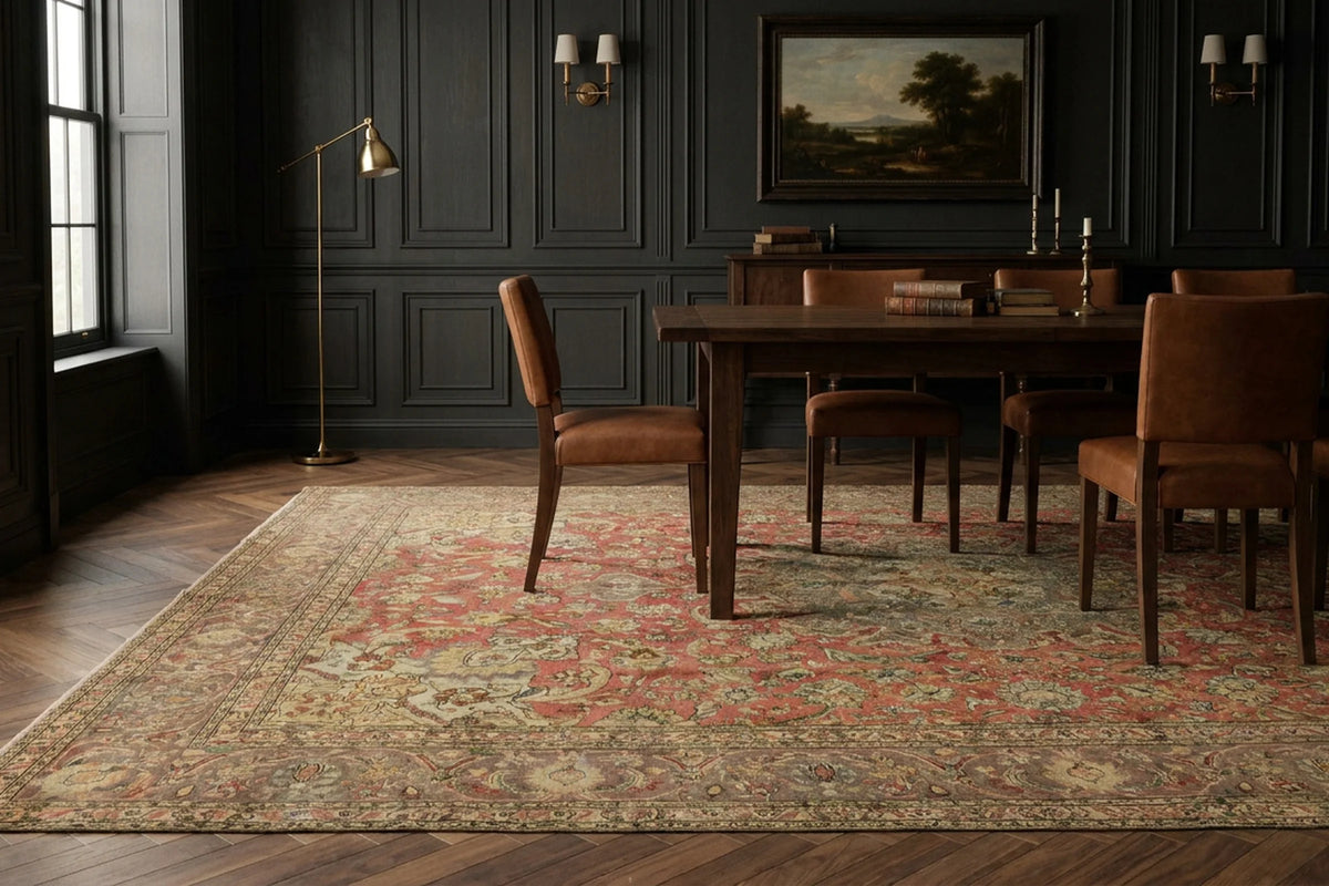 Red Persian rug in a dining room
