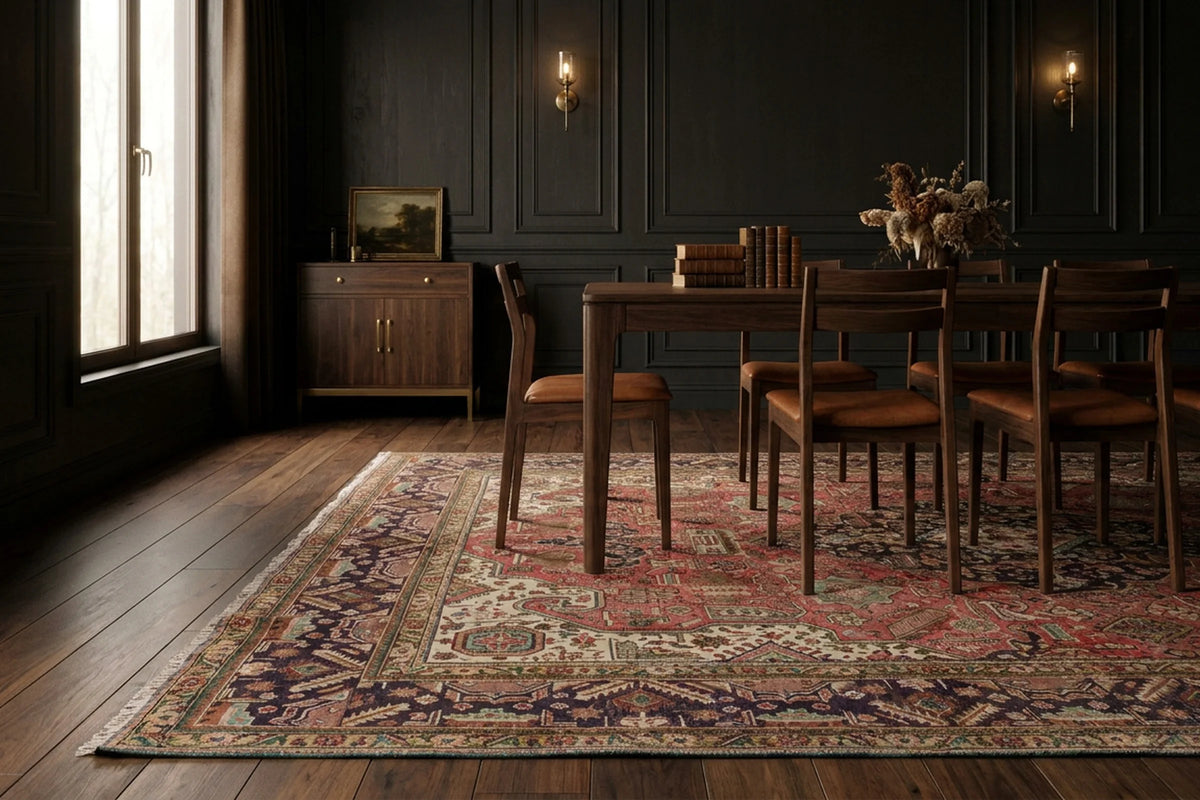 Red Persian rug in a dining room