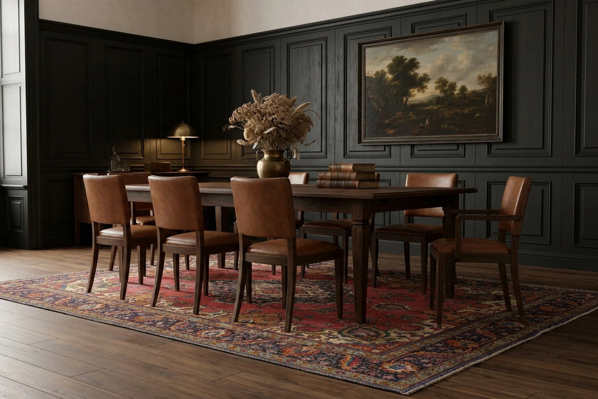 Red Persian rug in a dining room
