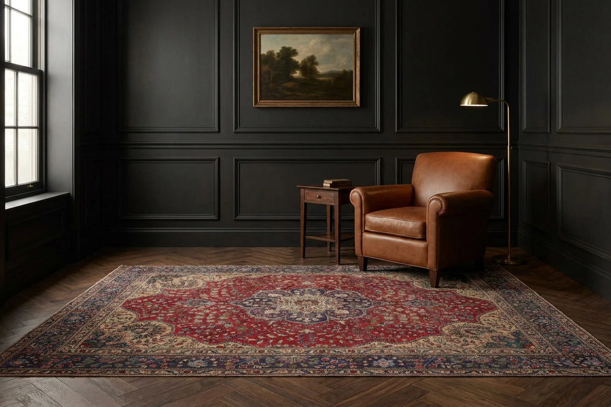 Red Persian rug in a styled room