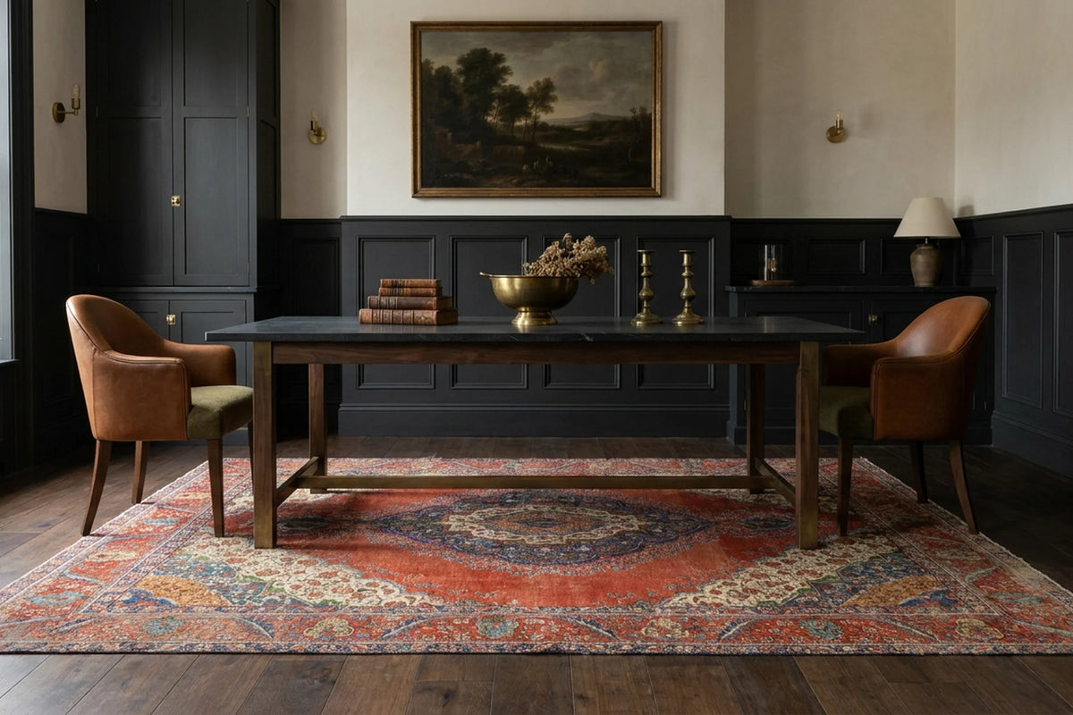 Red Persian rug in a dining room