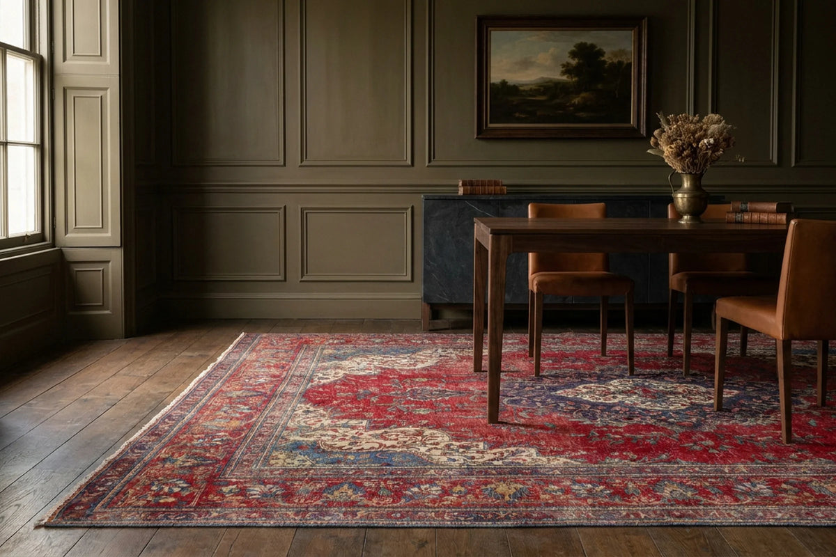 Red Persian rug in a dining room