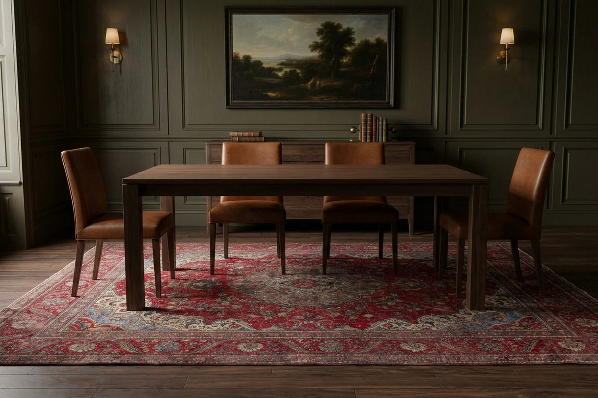 Red Persian rug in a dining room
