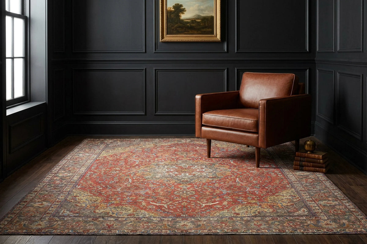 Red Persian rug in a styled room