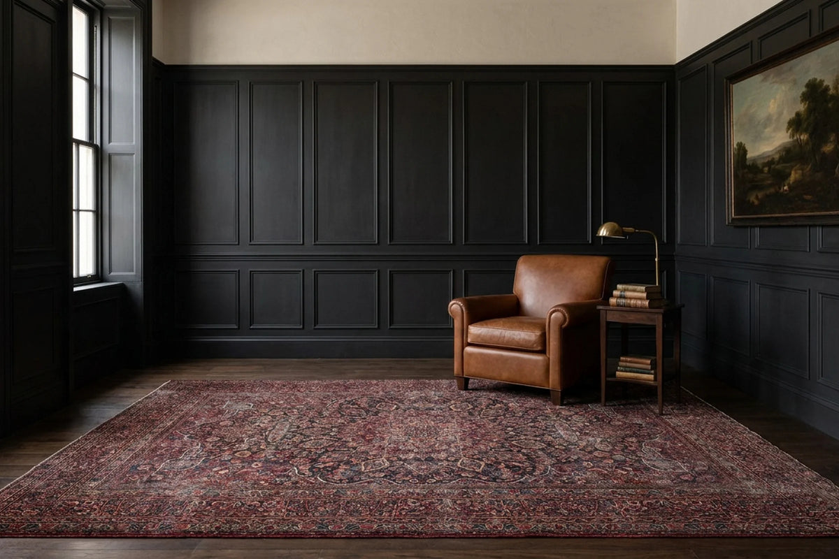 Red rug in a library