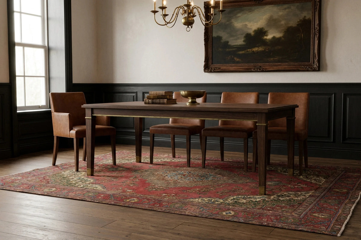 Red rug in a dining room