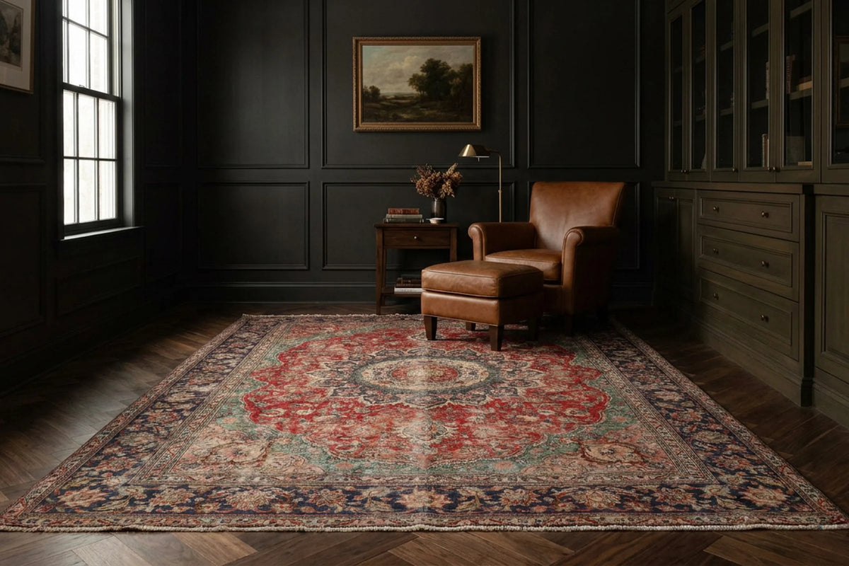Red rug in a library