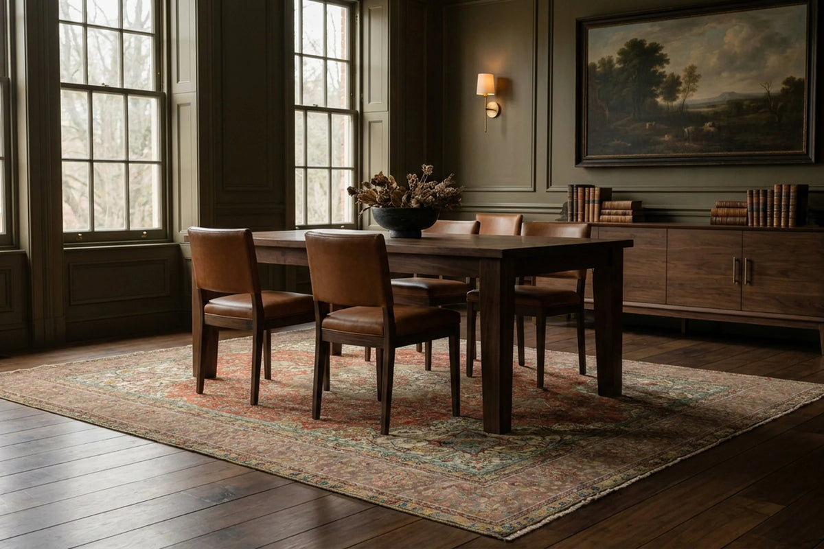 Red rug in a dining room
