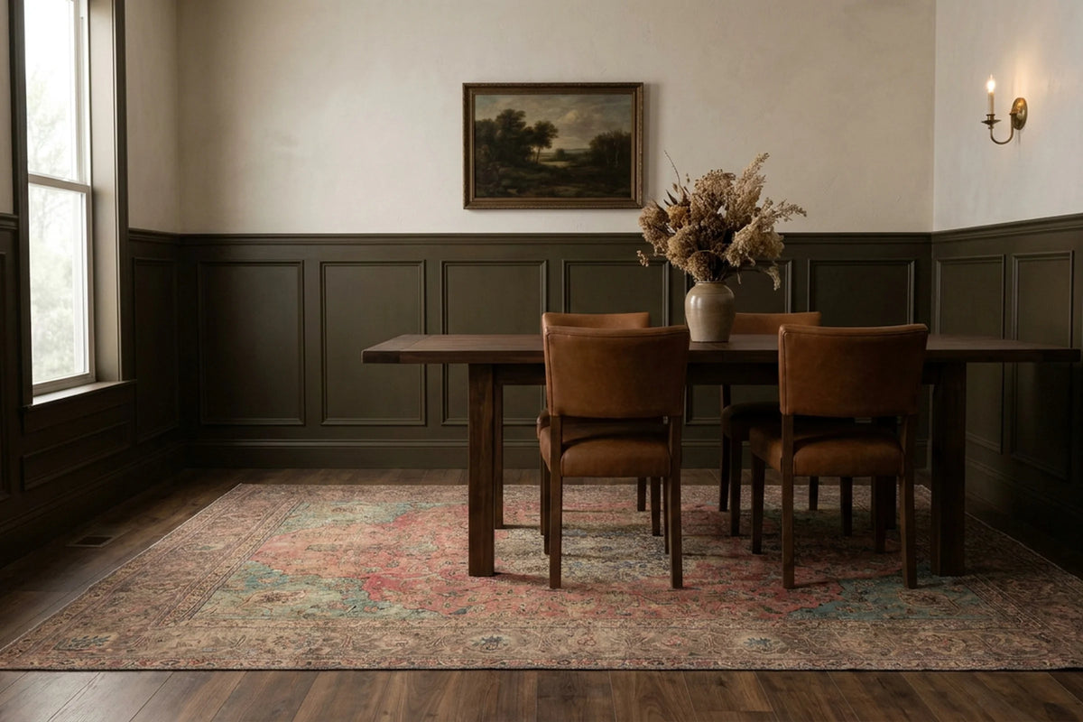 Red rug in a dining room