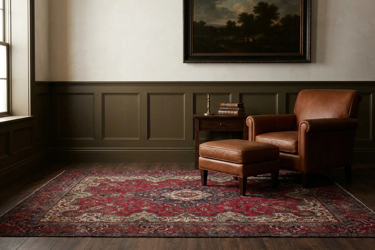 Red rug in a styled room