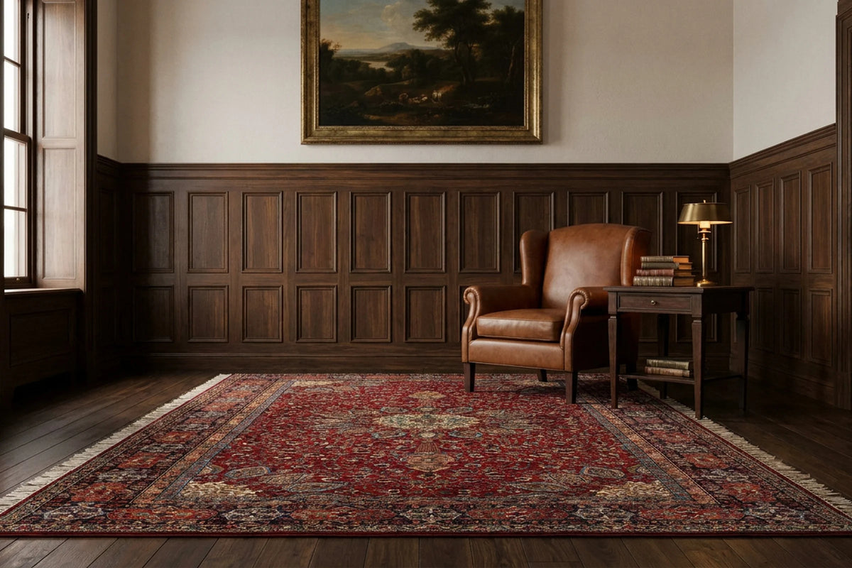 Red rug in a library