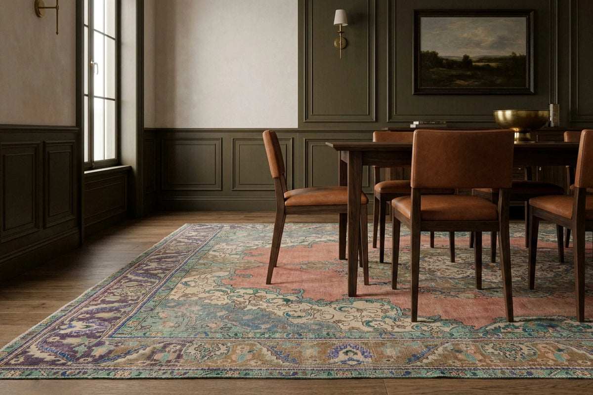 Red rug in a dining room